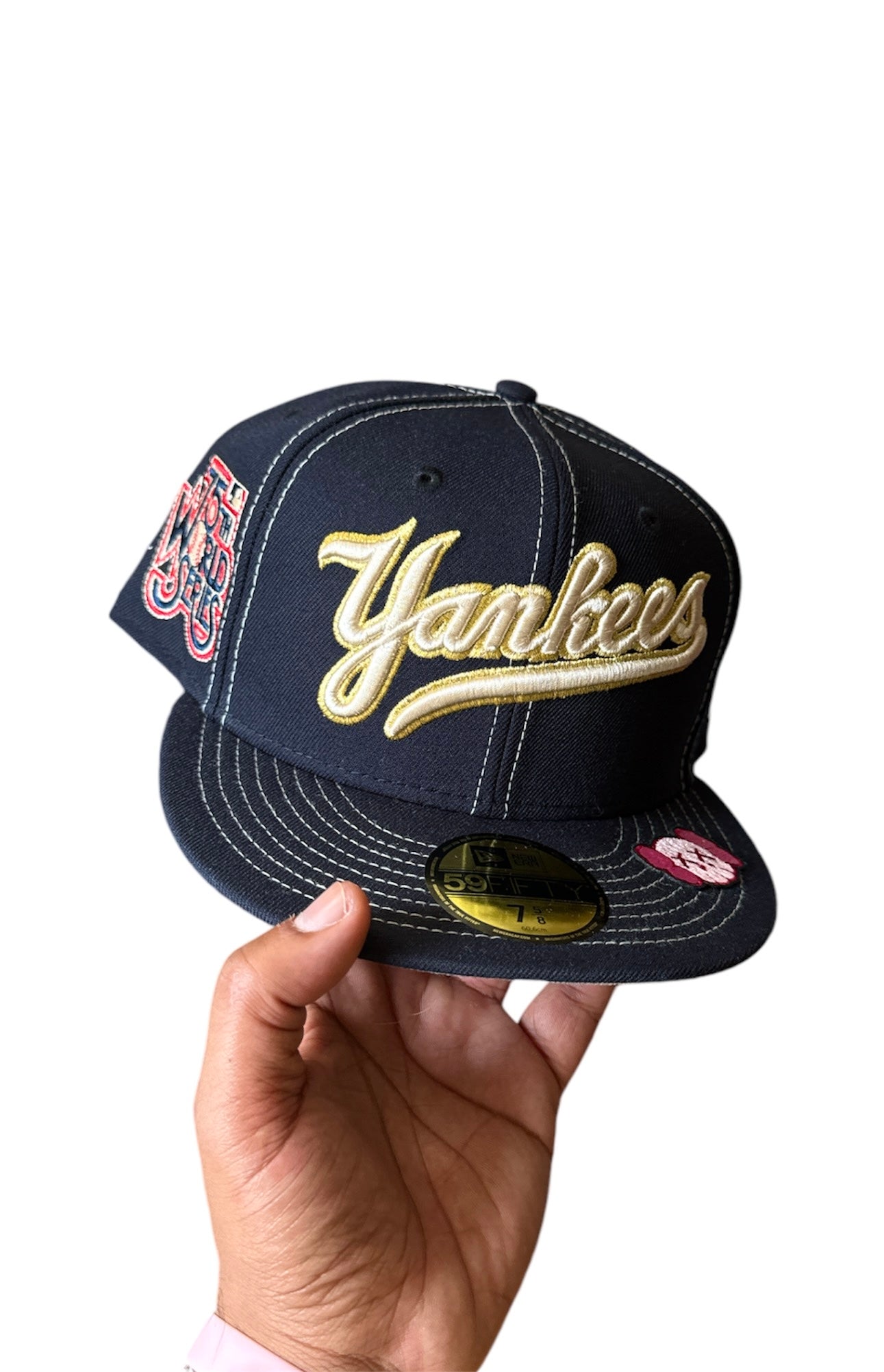 Size 7 5/8 Gold Script Yankees Fitted
